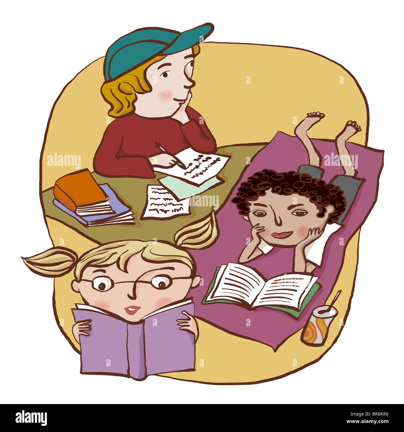 A group of three children reading and writing happily Stock Photo Alamy