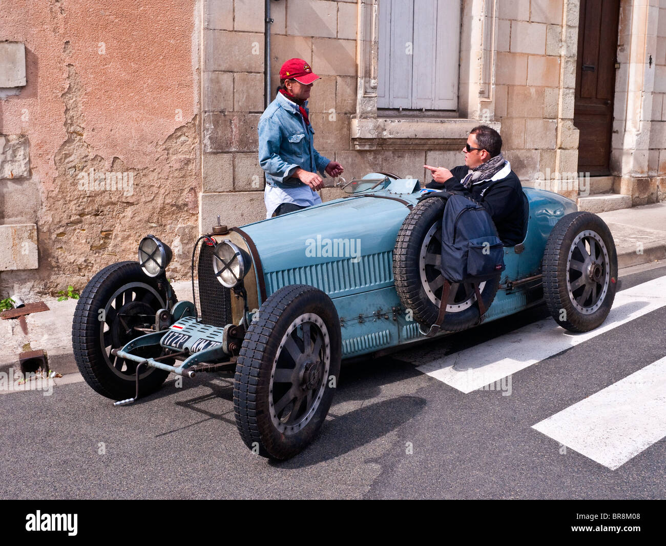 Old Bugatti Type 35 racer on public road - France. Stock Photo