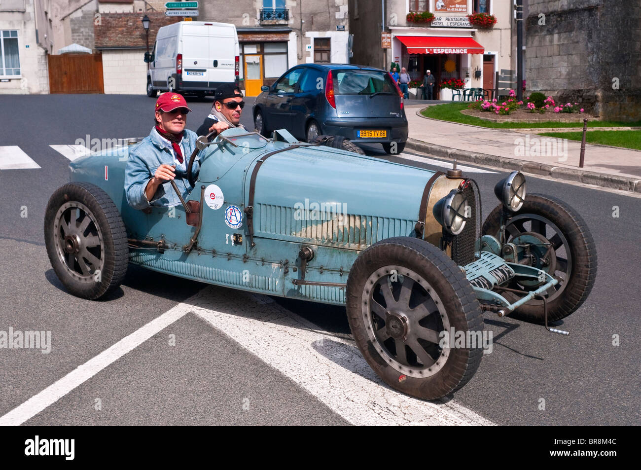 Old Bugatti Type 35 racer on public road - France. Stock Photo