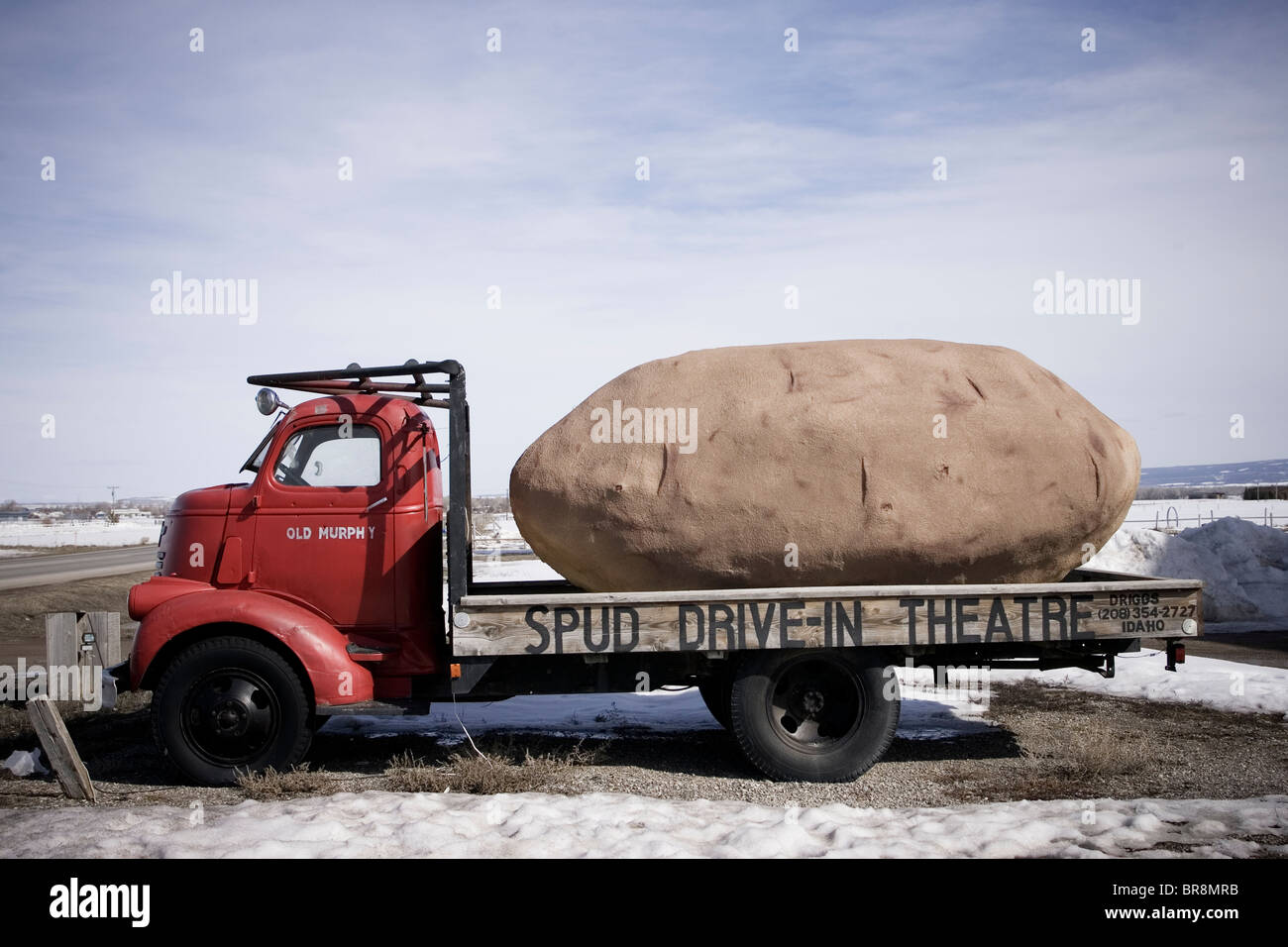 Enormous fake potato on a flatbed truck Driggs ID. Stock Photo