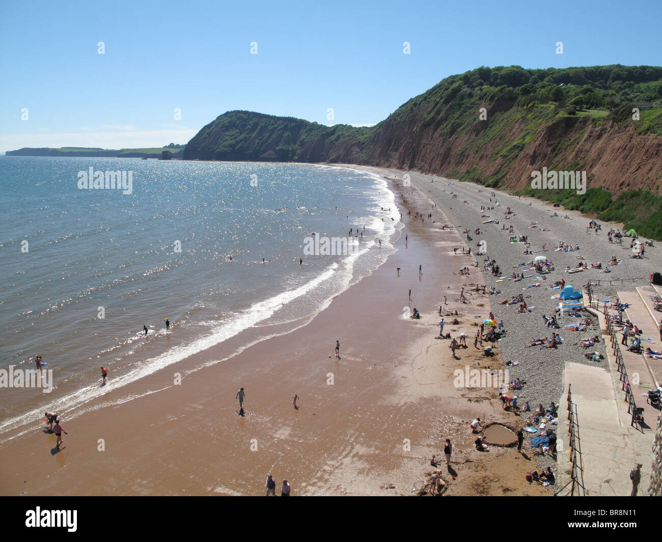 West beach at Sidmouth from Jacobs Ladder on a fine August summer day, Devon Stock Photo