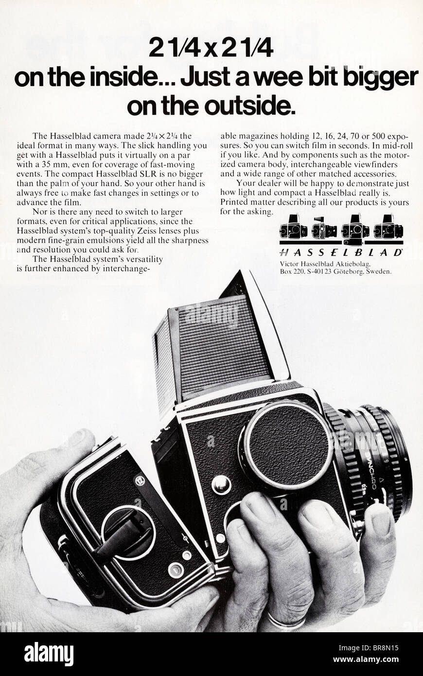 Black and white magazine advert for Hasselblad medium format film cameras circa 1978 Stock Photo