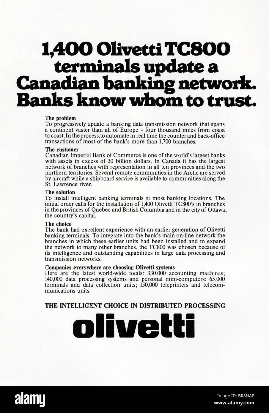 Black and white text advert for Olivetti Canadian banking network circa 1978 in American magazine Stock Photo