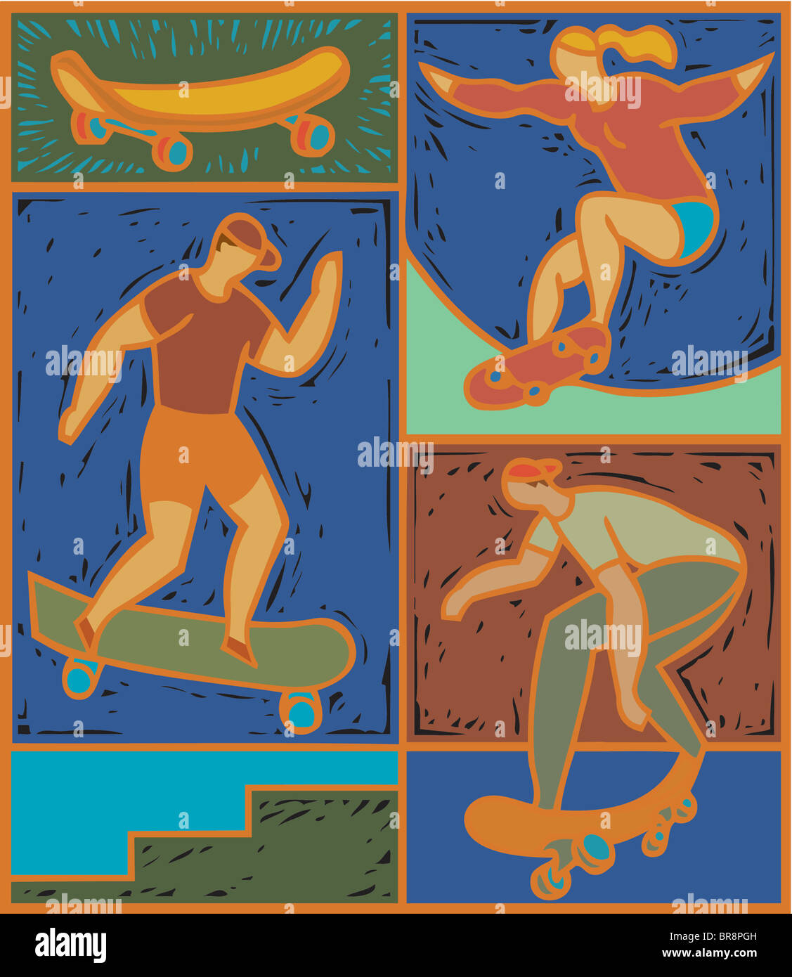 Illustration of three skateboarders Stock Photo