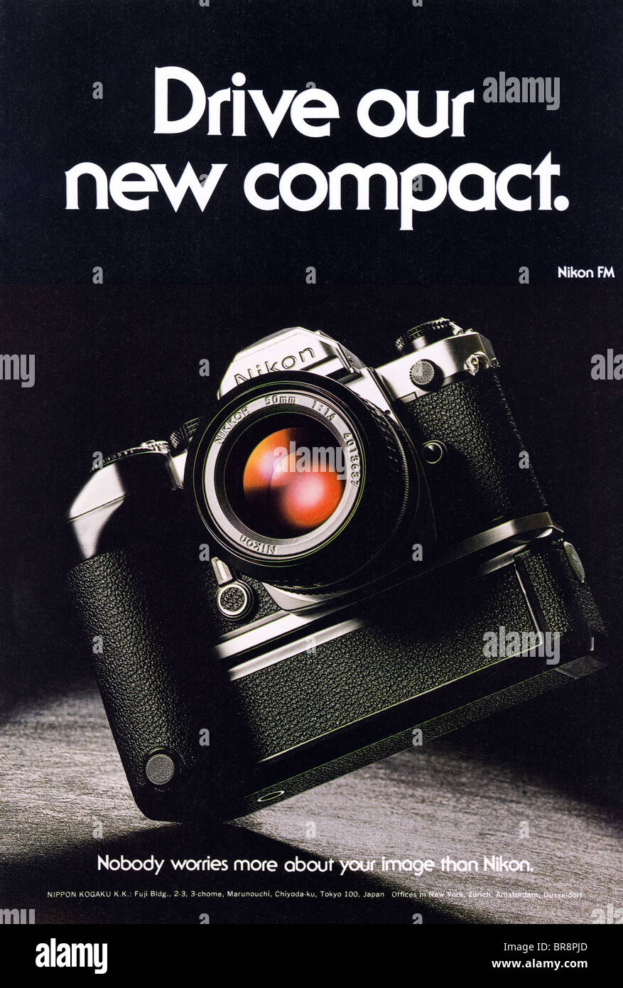 Colour magazine advert for Nikon FM film camera circa 1978 Stock Photo