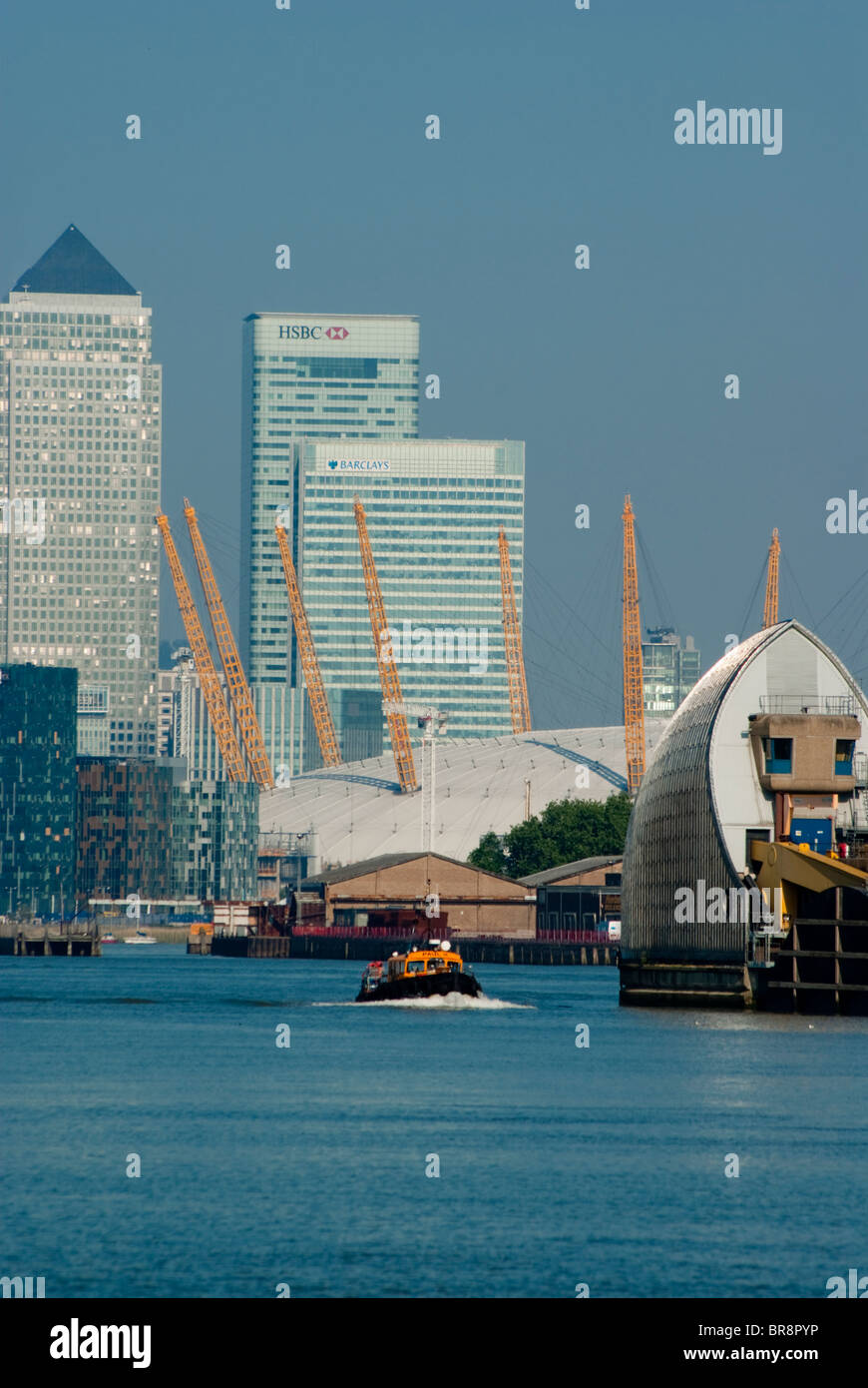 Uk, England, London, Canary Wharf, Thames Barrier, O2 Stock Photo