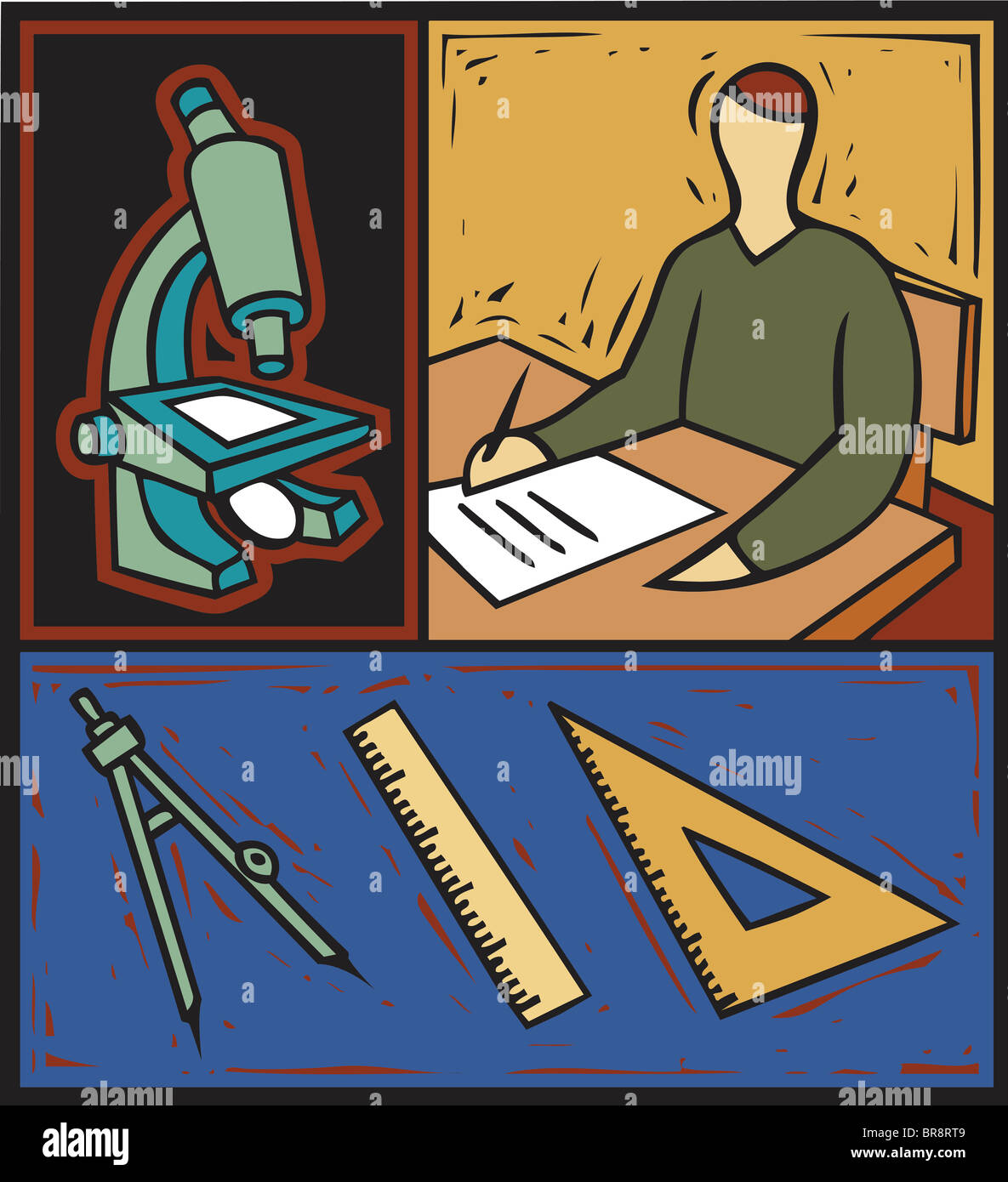 Montage of a microscope, a student writing at desk, a ruler, a triangle ...