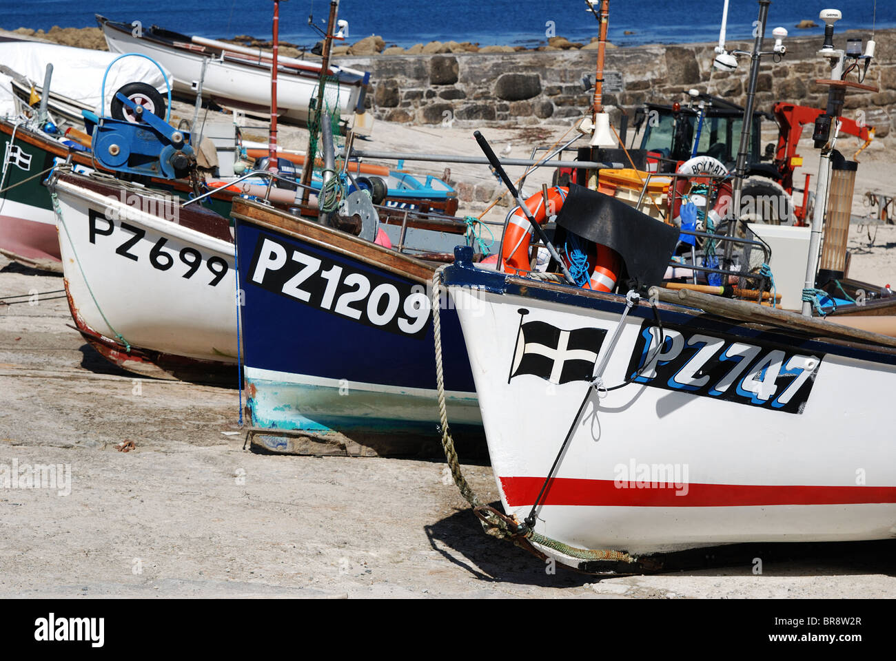 fishing boasts on the slipway at sennen cove in cornwall, uk Stock ...