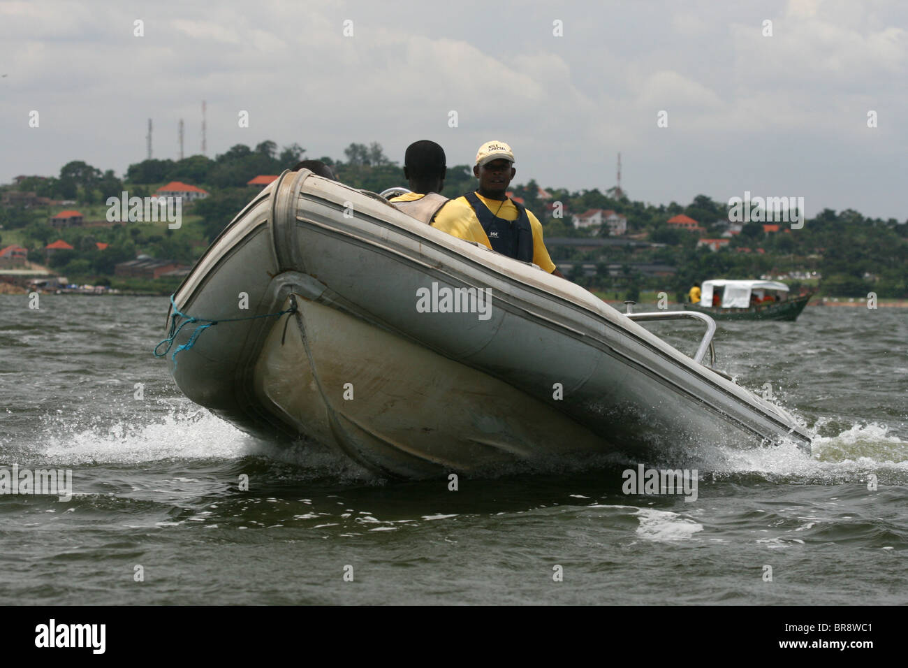 The rescue boat (a motorised rubber dinghy) at Victoria Nyanza Sailing Club, Lake Victoria, Uganda. Stock Photo