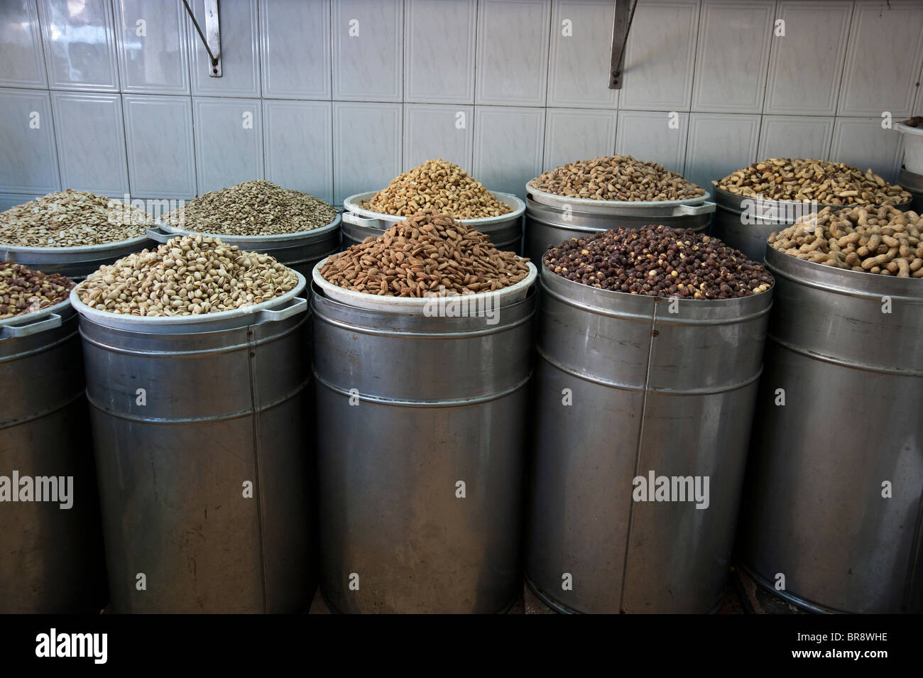 Nut roasting plant freshly roasted nuts at the end of the roasting