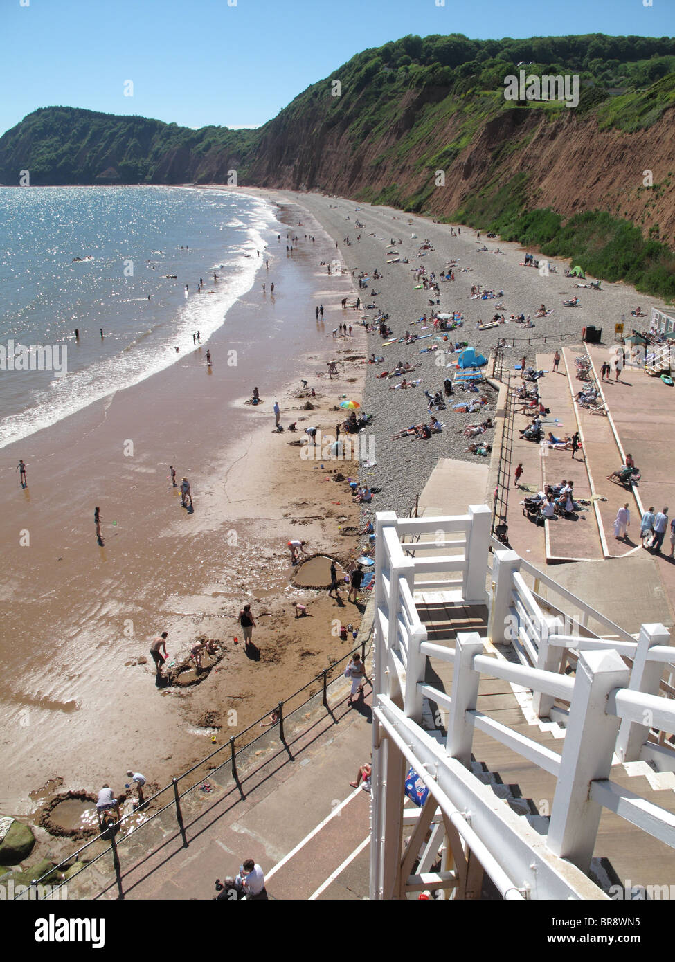 West beach at Sidmouth from Jacobs Ladder on a fine August summer day, Devon Stock Photo