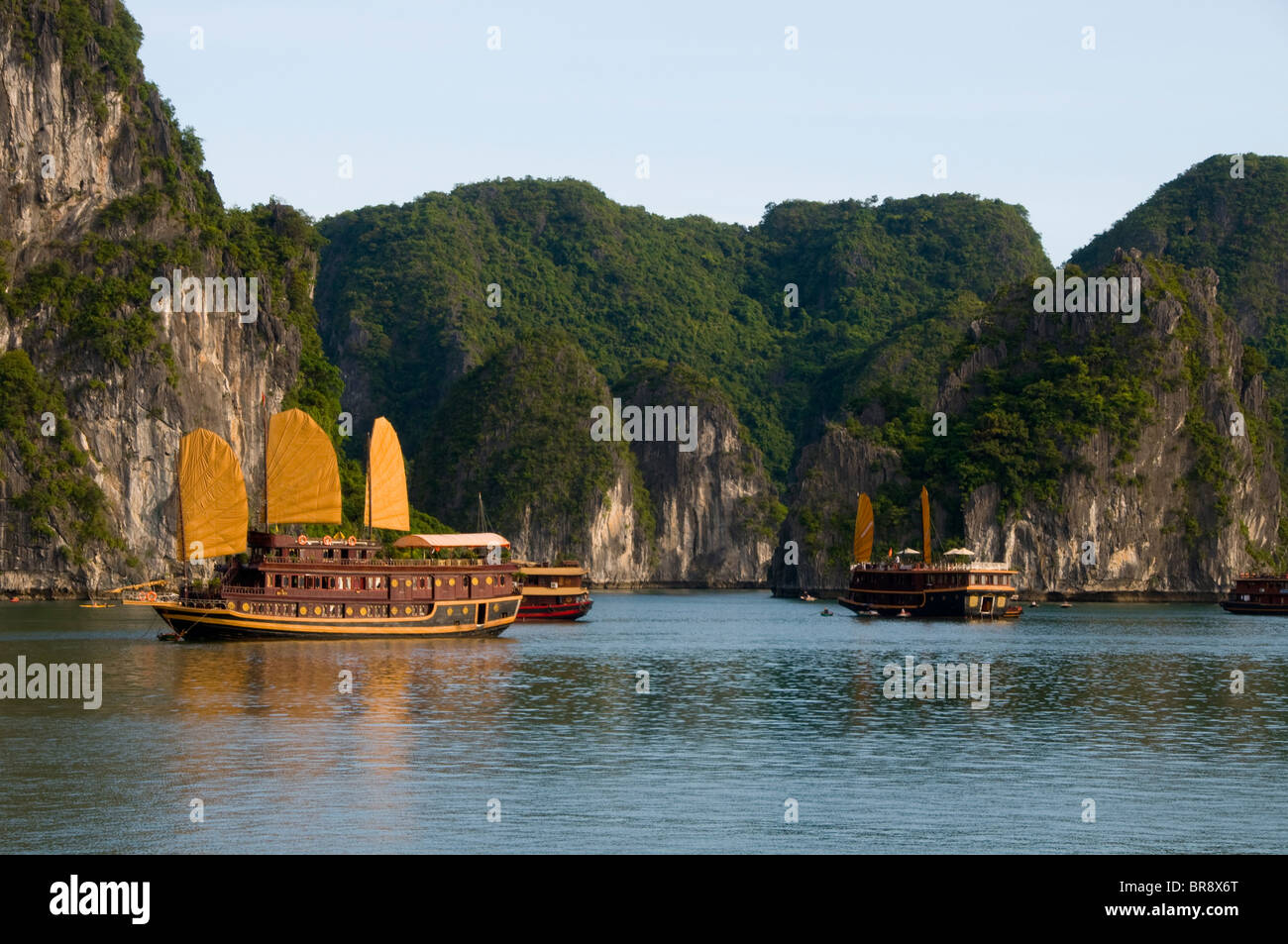 Chinese boats sailing with tourist passengers on Halong Bay,Vietnan Stock Photo