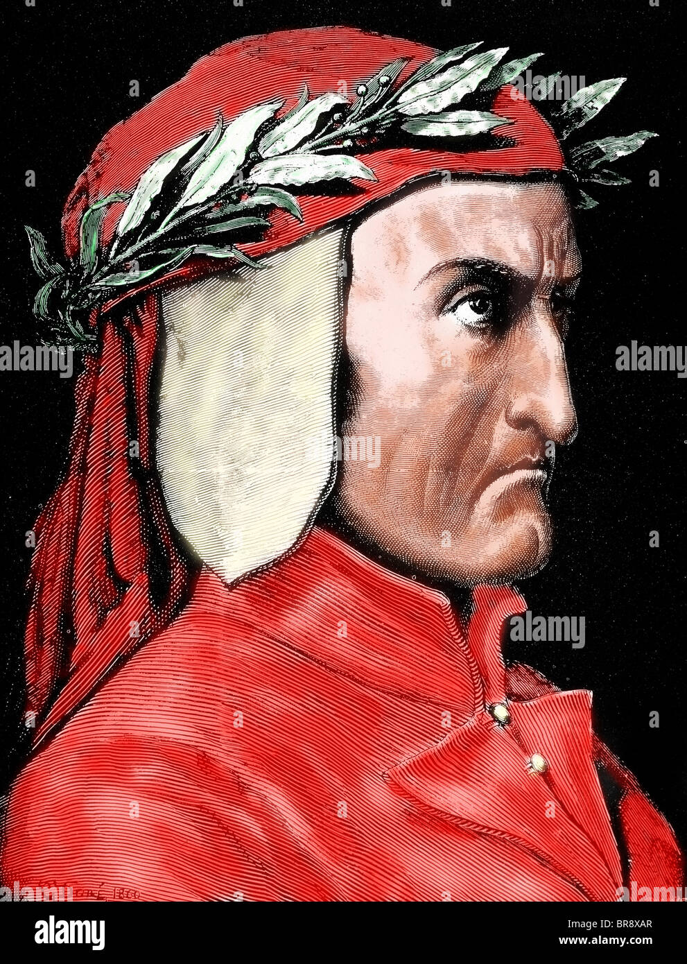 Dante Alighieri (1265-1321). Italian poet. Engraving by Pannemaker. Coloured. Stock Photo