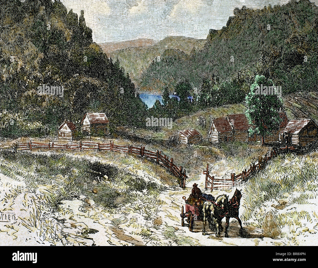 Canadian landscape in the eighteenth century. Nineteenth-century colored engraving. Stock Photo