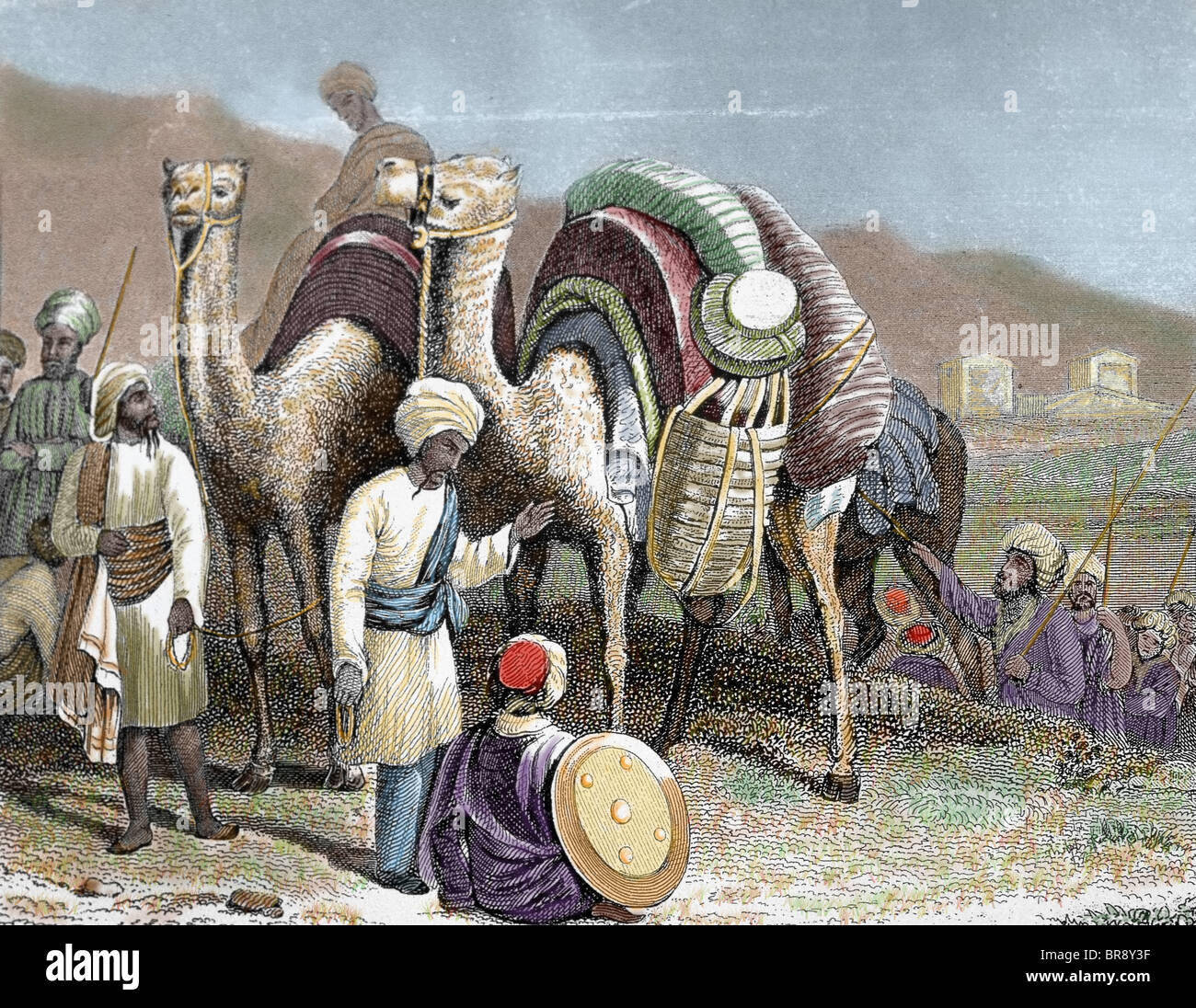 Silk Road. Caravan of camels resting. Antioch. Nineteenth-century colored engraving. Stock Photo