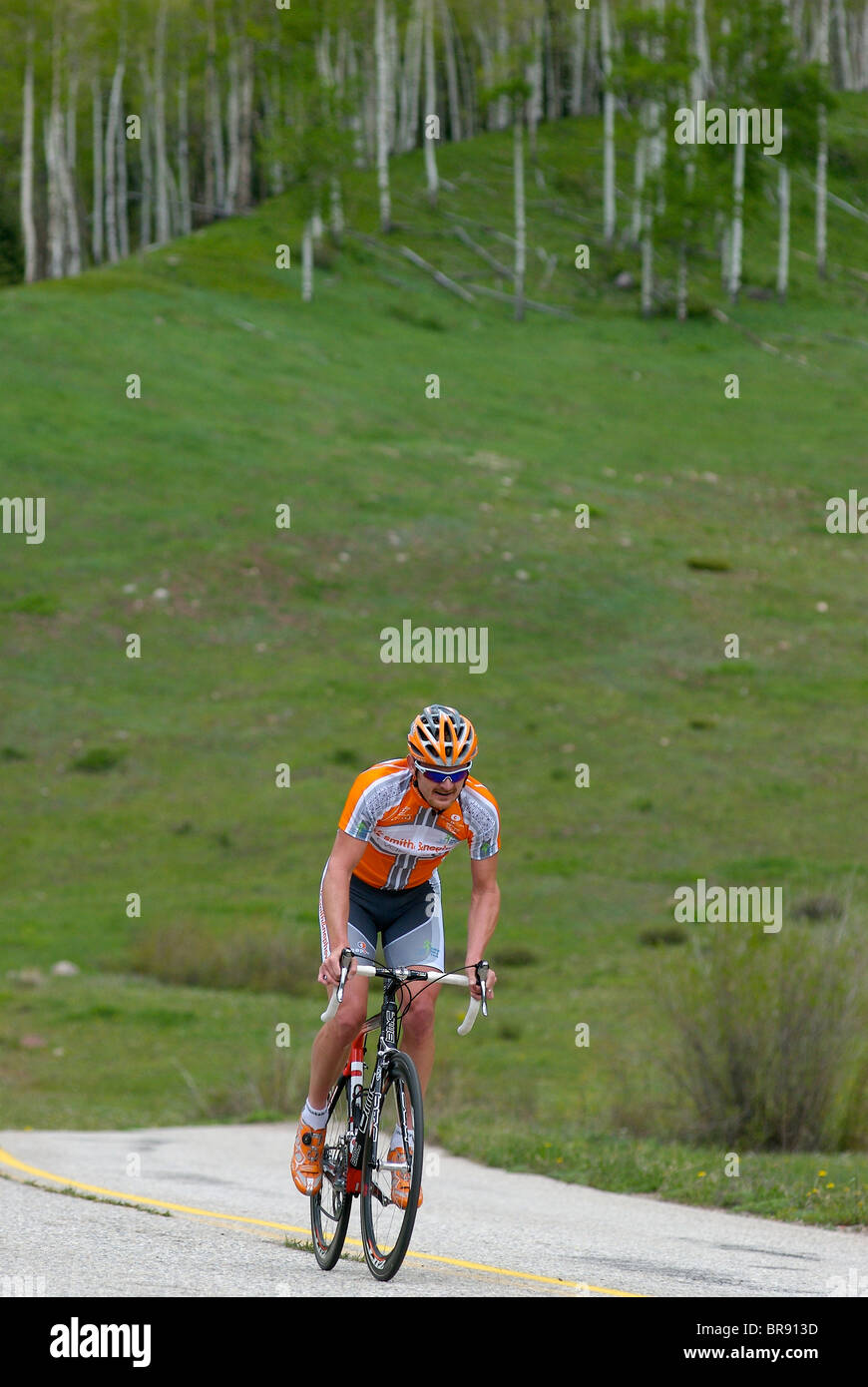 Floyd Landis riding a bike on Vail Pass Colorado. Stock Photo