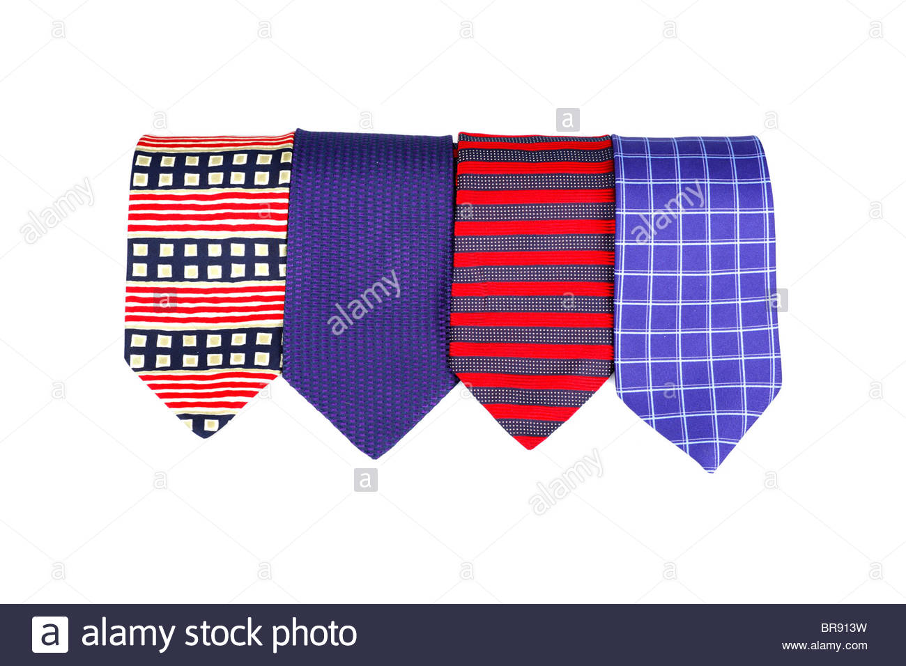 Four coloured patterned and striped Silk ties Stock Photo