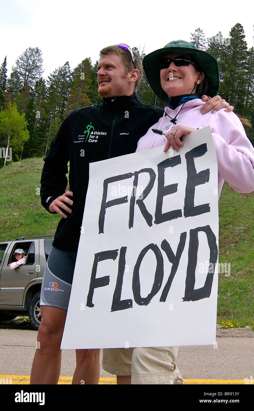 Flyod Landis is greeted by a fan at the Trek Hill Climb at the Teva Mountain Games Stock Photo