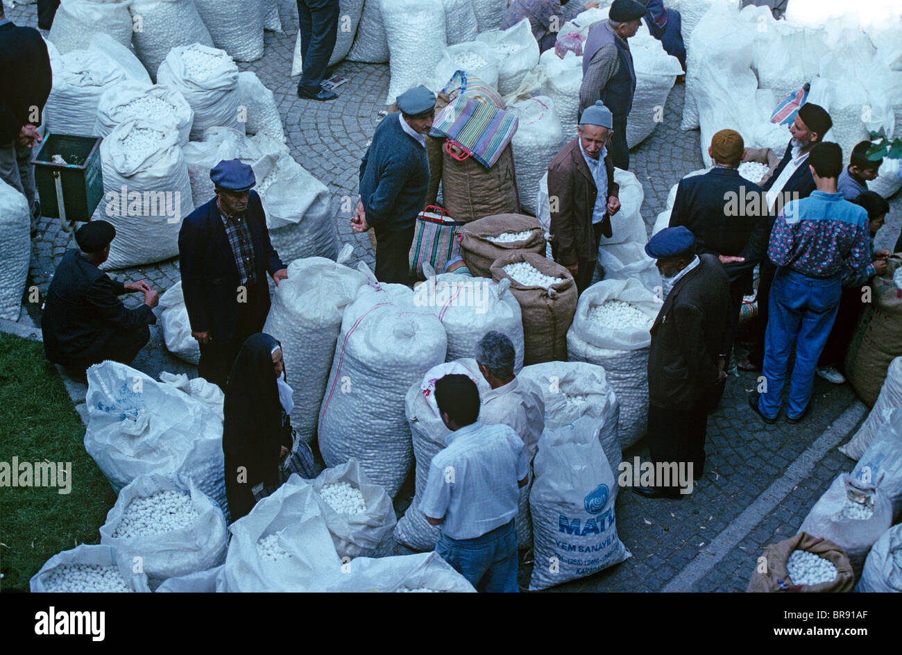 Bags of Silk Cocoons at the Silk Cocoon Market Held Annually in July When Silk Farmers Gather to Sell their Silk Cocoons, Bursa, Turkey Stock Photo