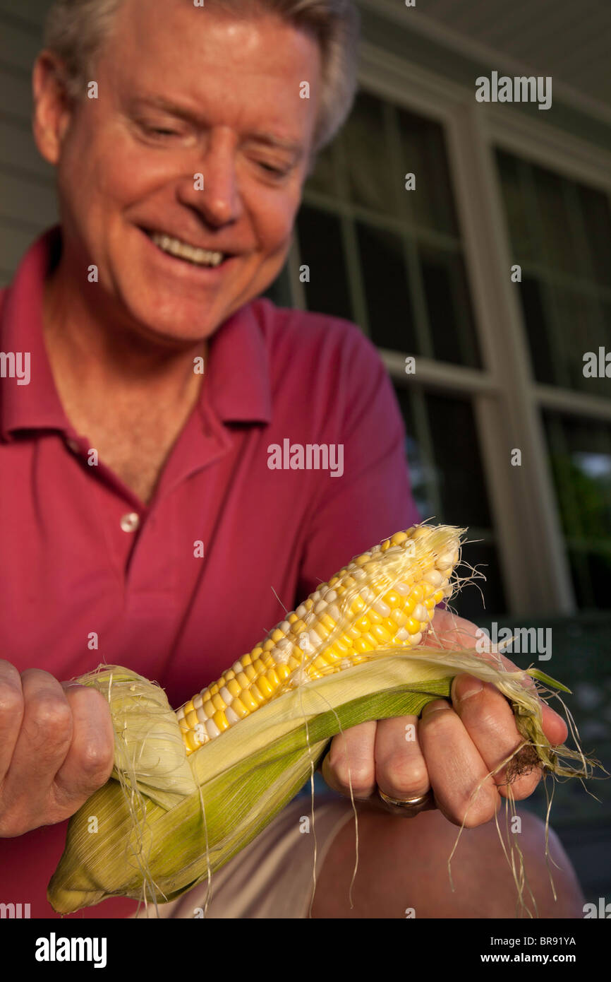 Content Mature Man Shucking Fresh Corn Stock Photo Alamy