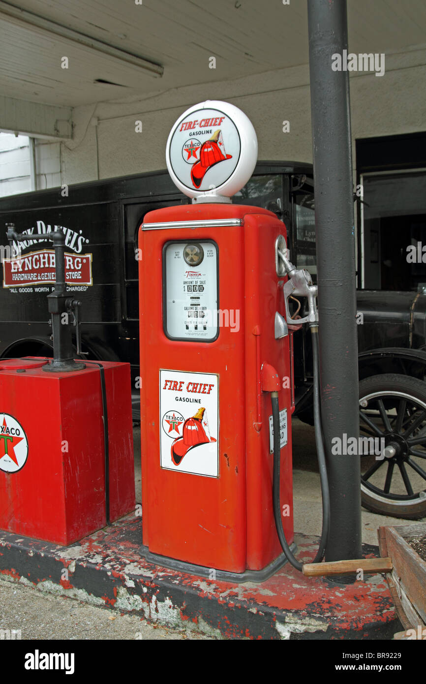 Old gas or petrol pumps at the Centre, Lynchburg, Tennessee