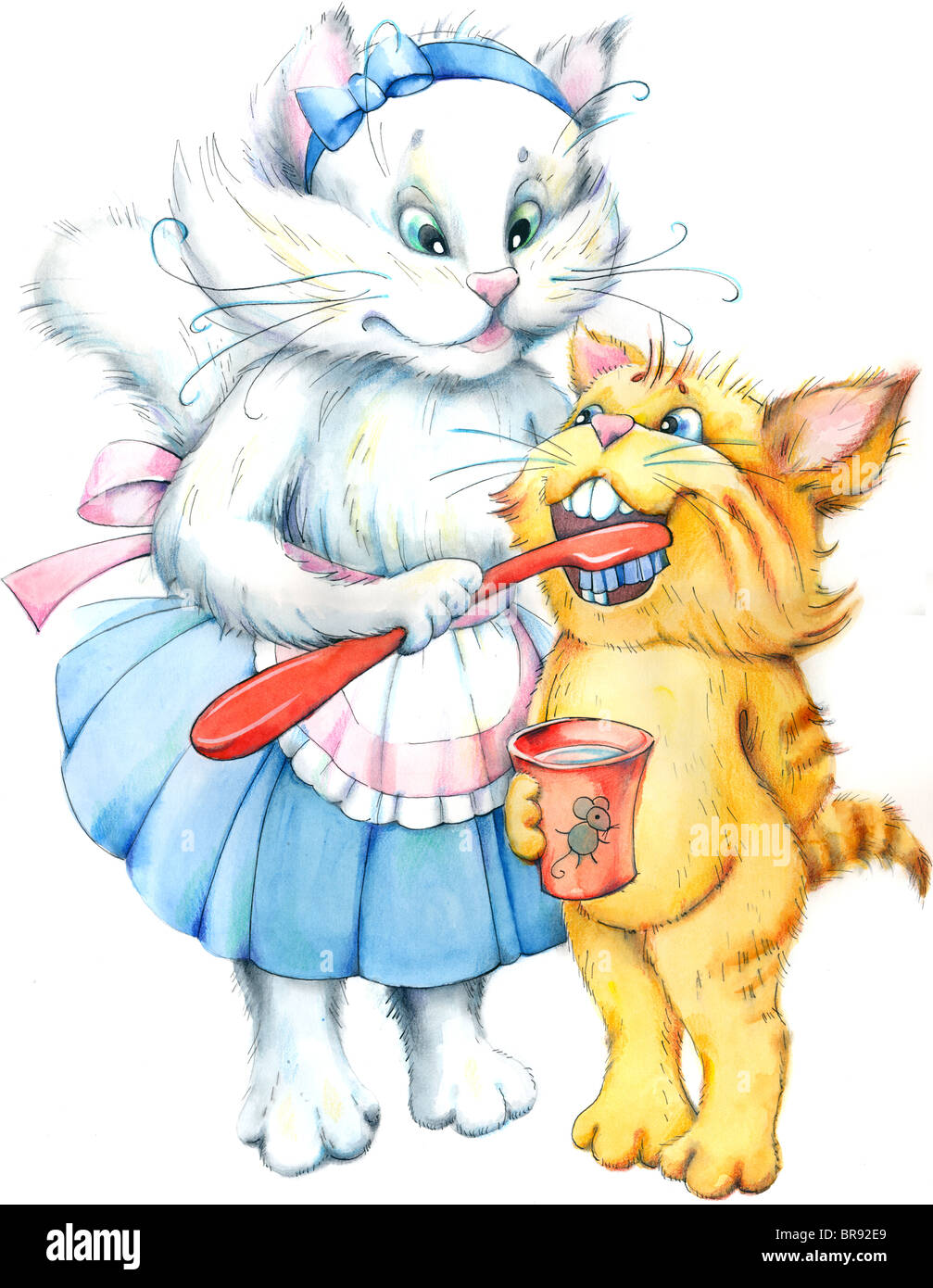 Cat helping her kitten brush teeth Stock Photo Alamy