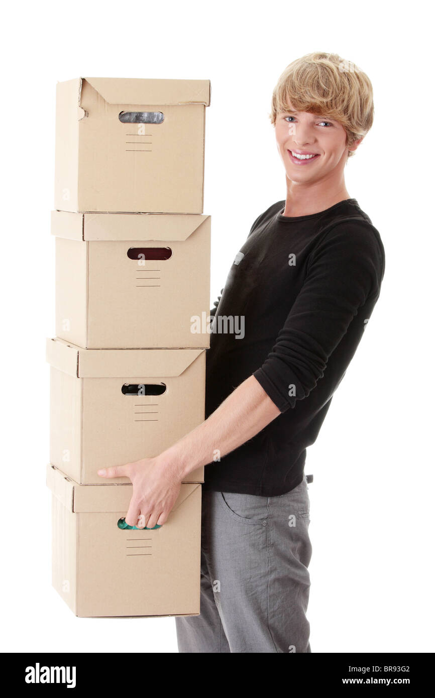 Man with stacked Boxes,isolated on white Stock Photo - Alamy