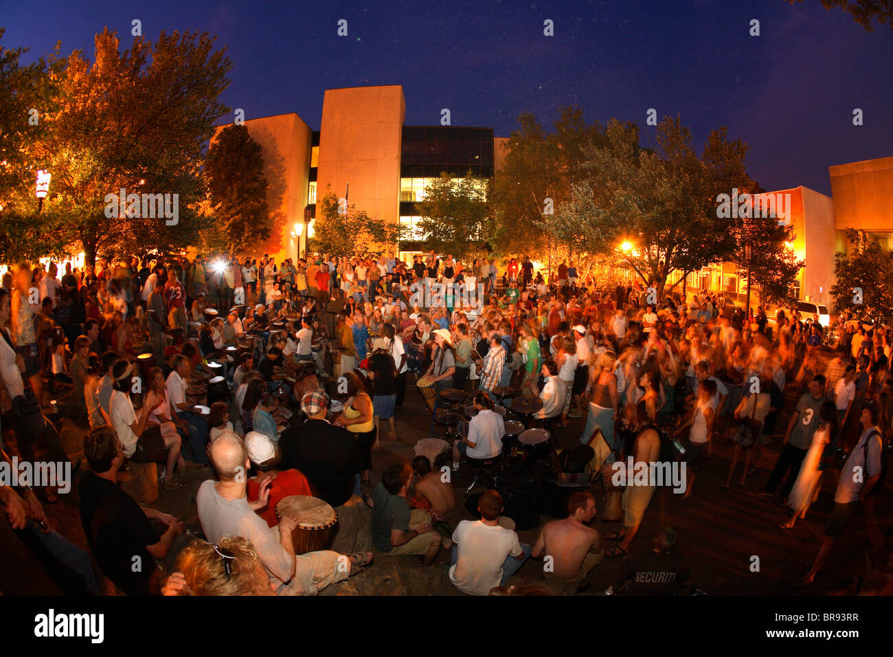 The weekly (Friday nights) drum circle in Pritchard Park in downtown Asheville NC Stock Photo