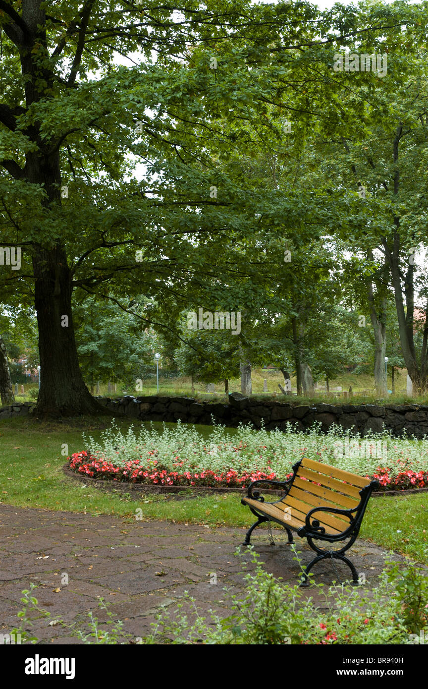 Empty park bench on rainy afternoon Stock Photo