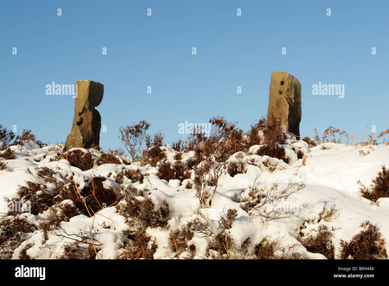 Weathered old stone posts in snow on Kildale Moor against a blue sky in North York Moors national park Stock Photo