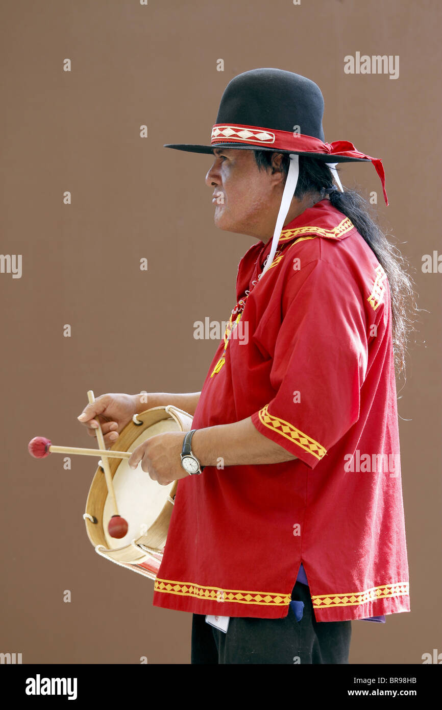 Cherokee, North Carolina -  Chactaw Indian drummer on stage during the annual Southeast Tribes Festival. Stock Photo