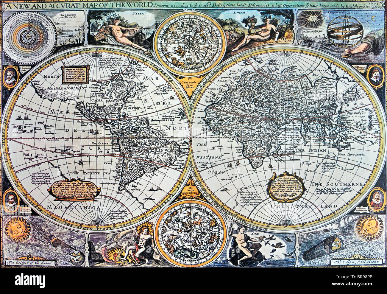 A copy of a European 17th century world  map showing the know world at that time. Stock Photo