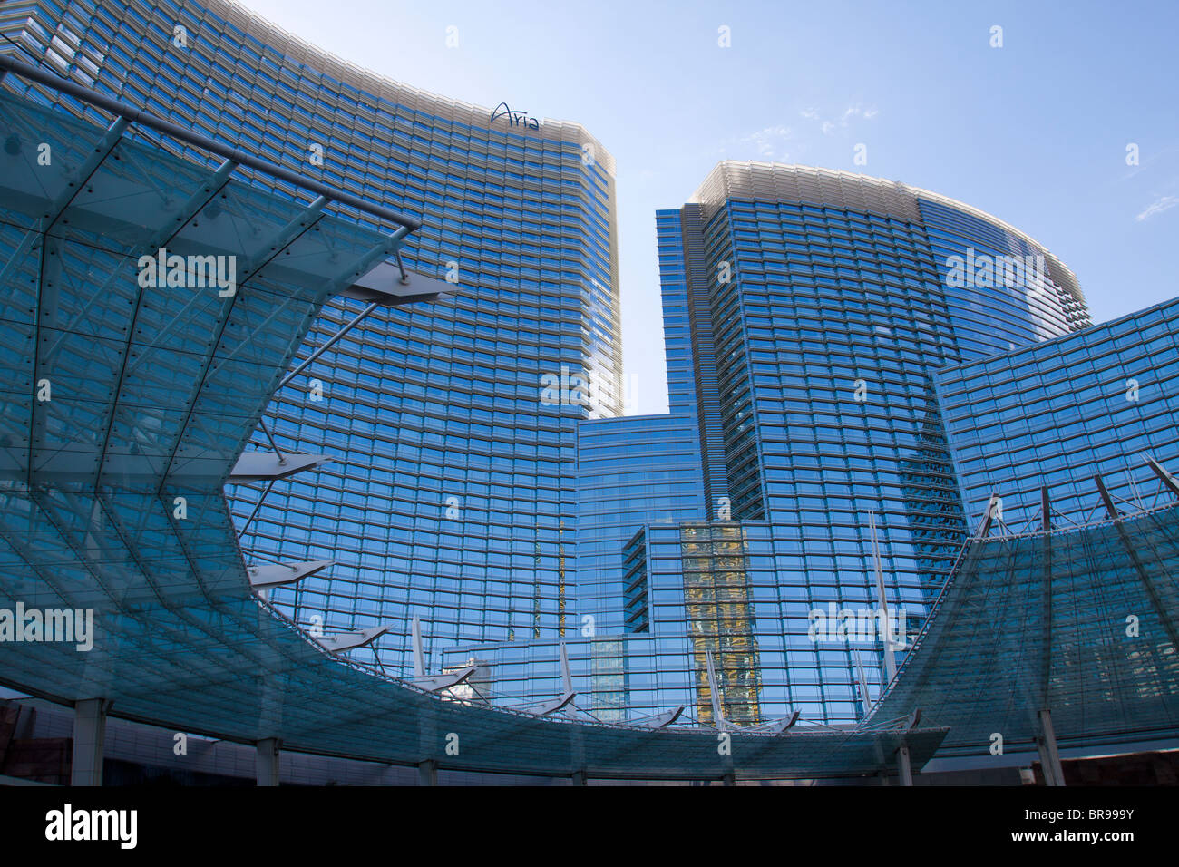 Modern curved glass and steel entrance to the Aria Hotel and Casino in Las Vegas, Nevada, USA Stock Photo