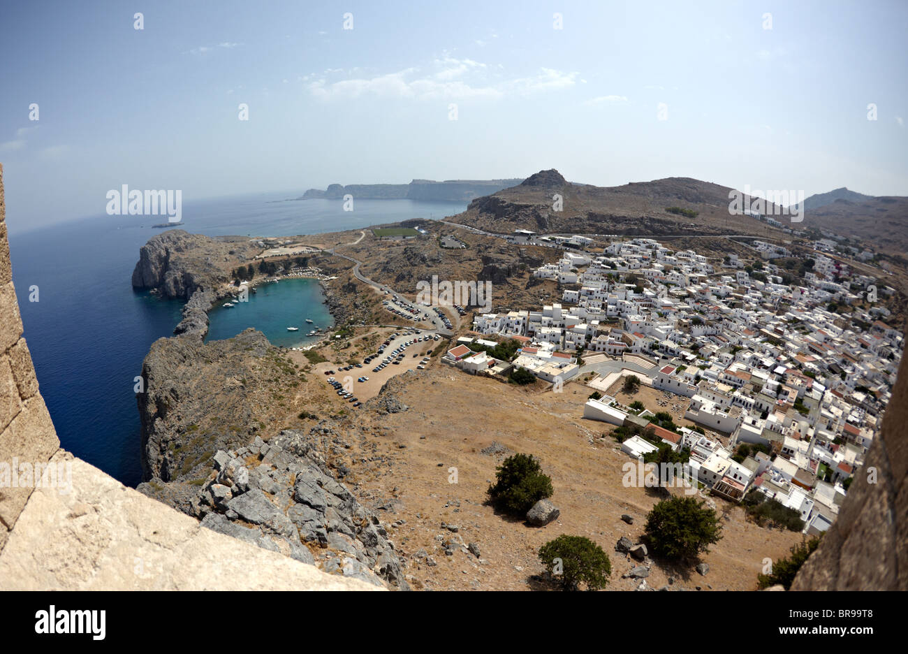 View Of Lindos From  The Acropolis Lindos Rhodes Greek Islands Hellas Stock Photo