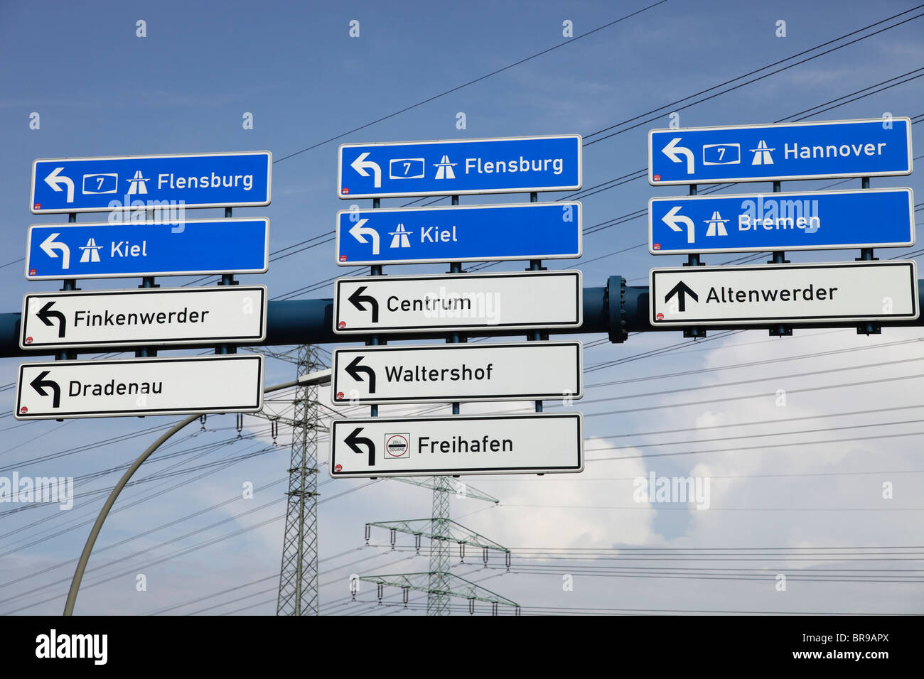 many direction signs in Hamburg Stock Photo