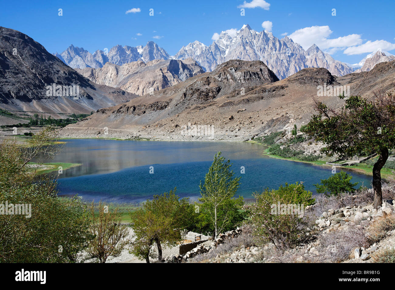 Borith Lake and mountains, Passu, Hunza Valley, Karakorum, Pakistan Stock Photo