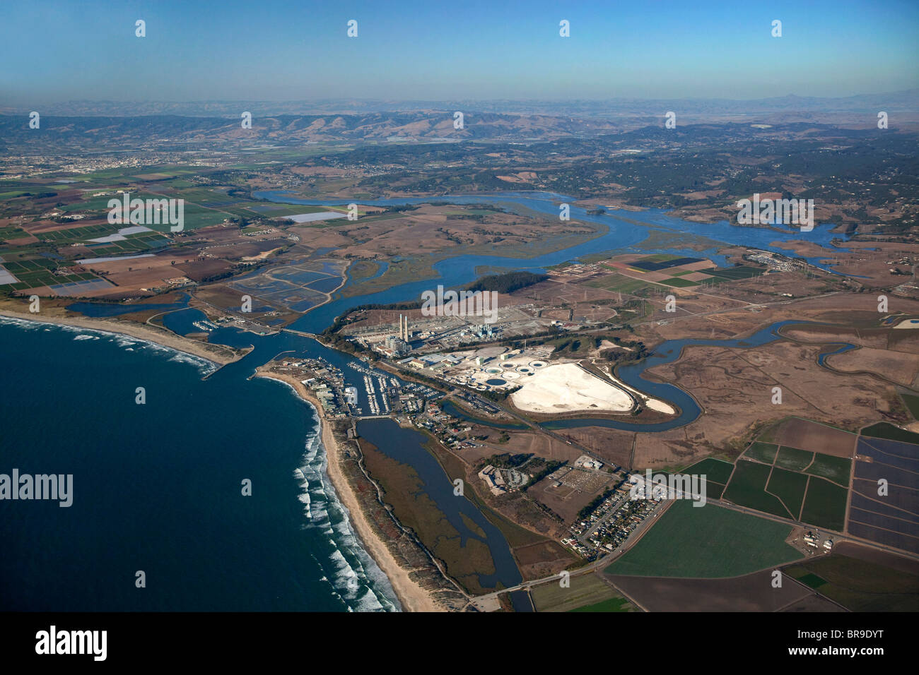 Aerial view of Elkhorn Slough in Moss Landing, California, looking north/northeast. Stock Photo