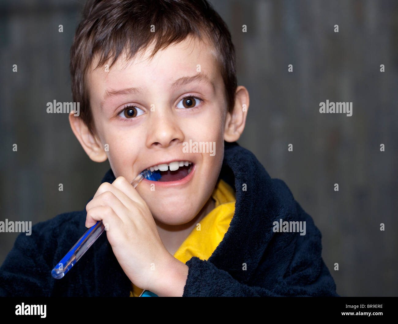 A young boy (5 years old) brushes his teeth in a robe. Stock Photo
