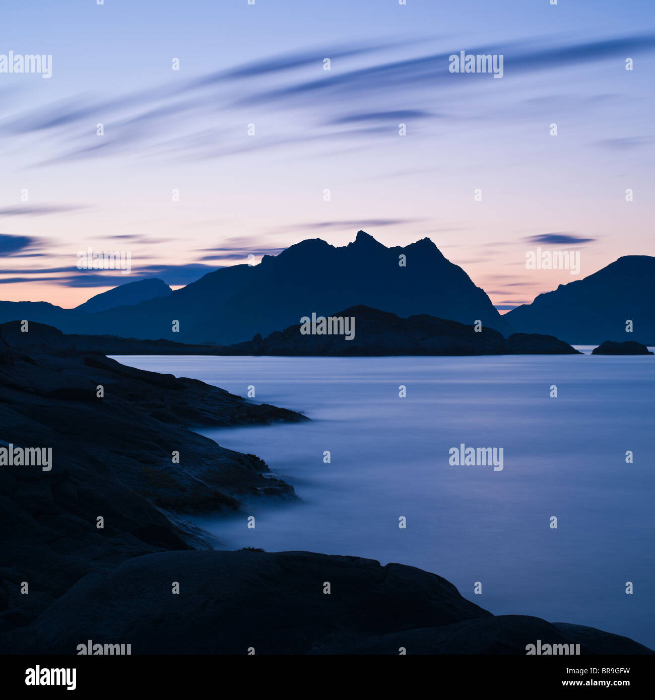 Summer twilight over mountains and sea, Stamsund, Lofoten islands, Norway Stock Photo