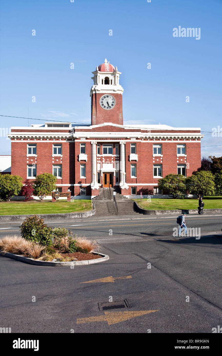 restored 1914 red brick Clallam County Courthouse with classical detailing & white painted 2 story ionic columns Port Angeles WA Stock Photo