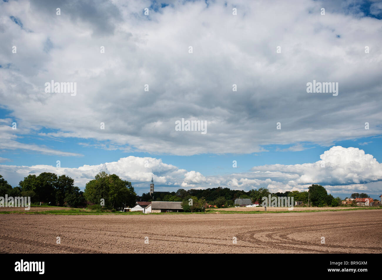 Newly plowed farm field in summer, Smicz, Prudnik, Southern Poland Stock Photo