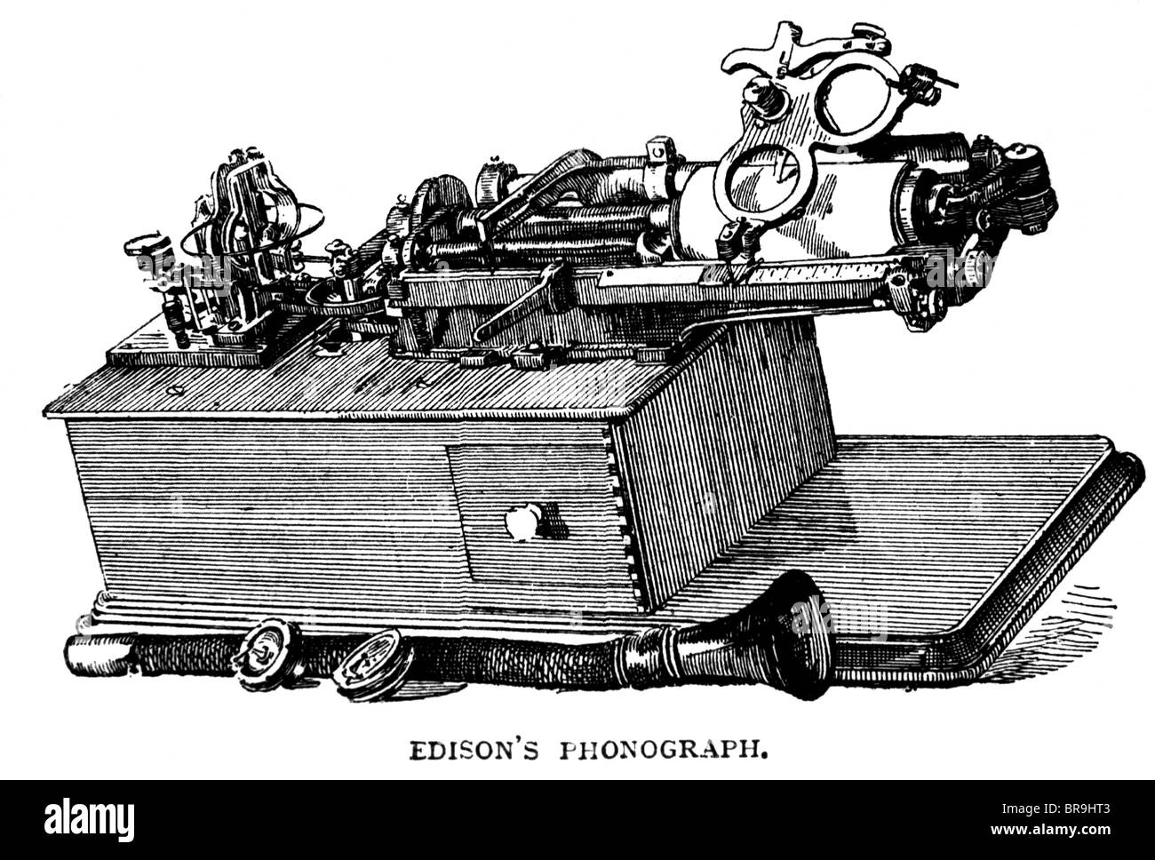 1870s DRAWING OF PHONOGRAPH INVENTED BY THOMAS EDISON 1877 19th CENTURY STYLUS CYLINDER FOR RECORDING SOUND Stock Photo
