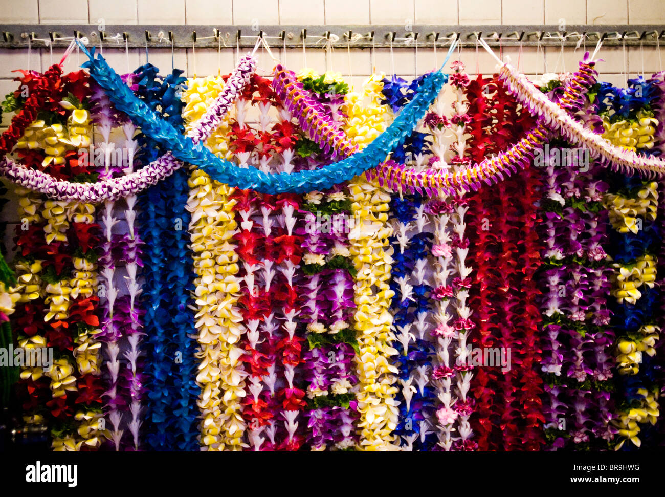 Colorful Hawaiian leis hang on display at a lei stand at the Honolulu International Airport in Hawaii. Stock Photo