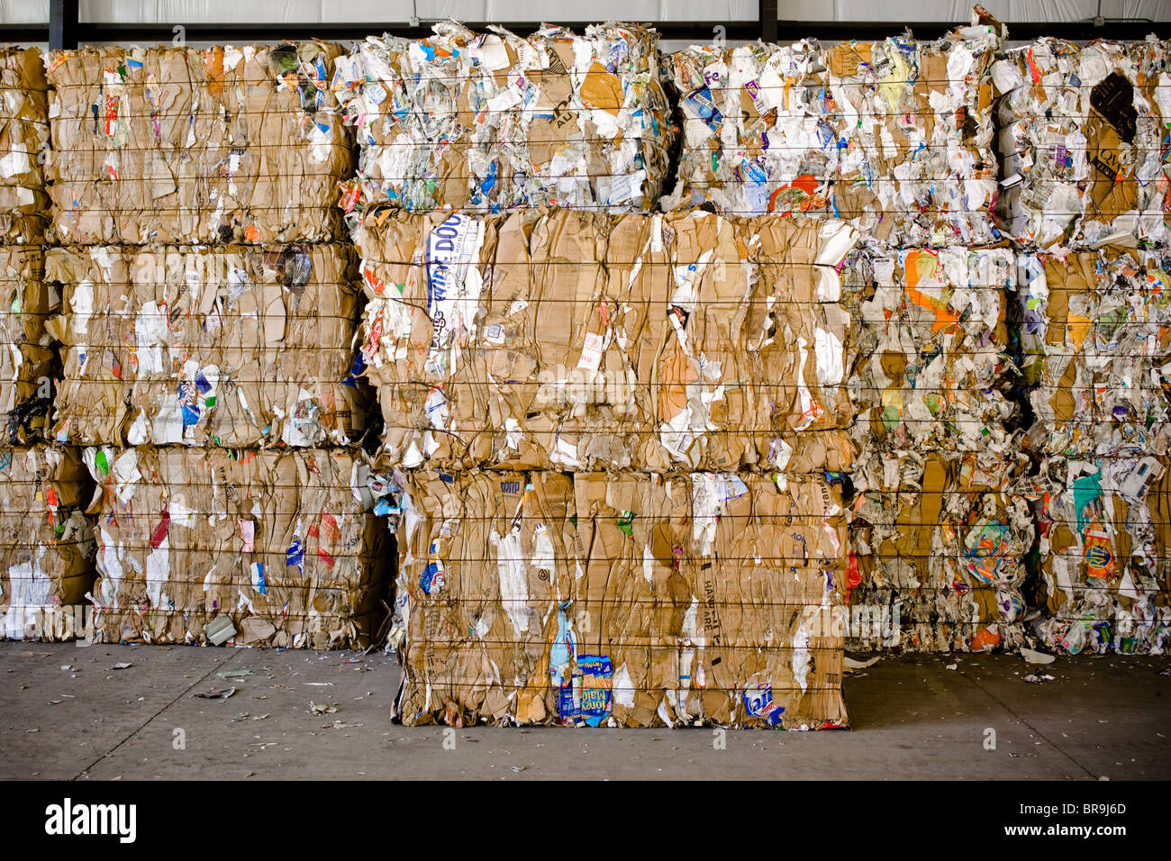 Bales of cardboard and paper ready to be shipped to a recycling plant in Bend Oregon Stock Photo