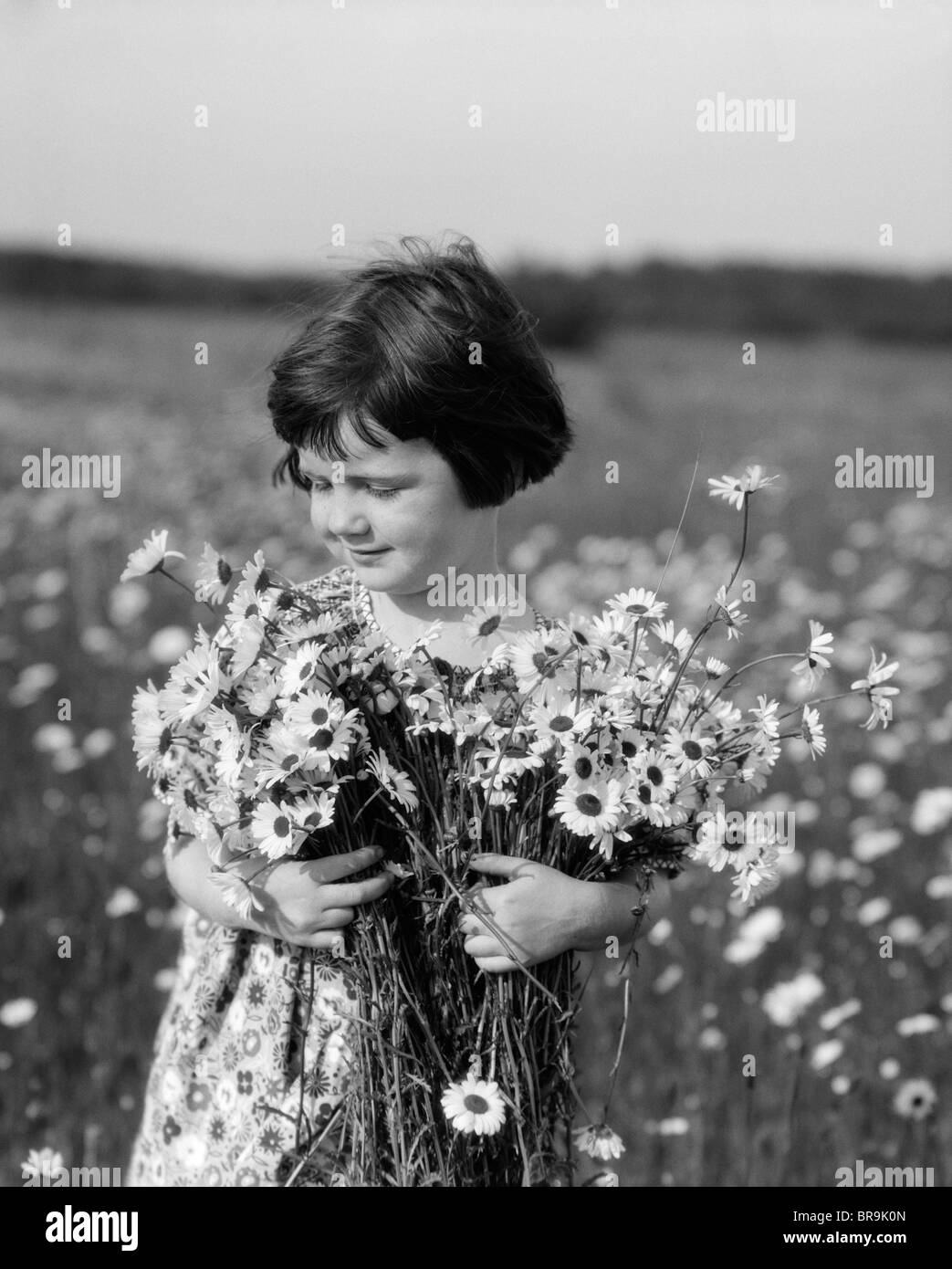 1920s GIRL IN MEADOW HOLDING BUNCH OF DAISIES Stock Photo