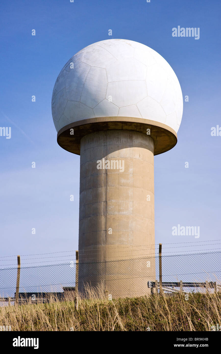 Dome and tower of radar station overlooking Barley Bay near Hartland Point on the coast of North Devon Stock Photo