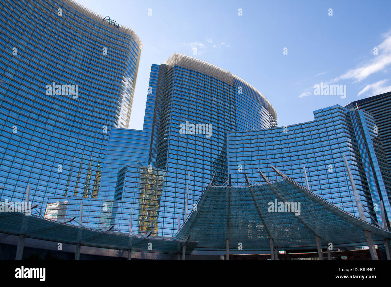 Modern curved glass and steel entrance to the Aria Hotel and Casino in Las Vegas, Nevada, USA Stock Photo