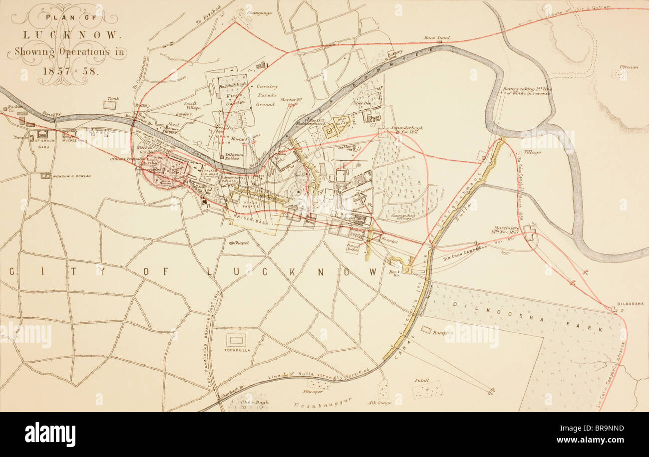 Plan of Lucknow showing operations during the Siege and Indian Rebellion of 1857 - 1858. Stock Photo