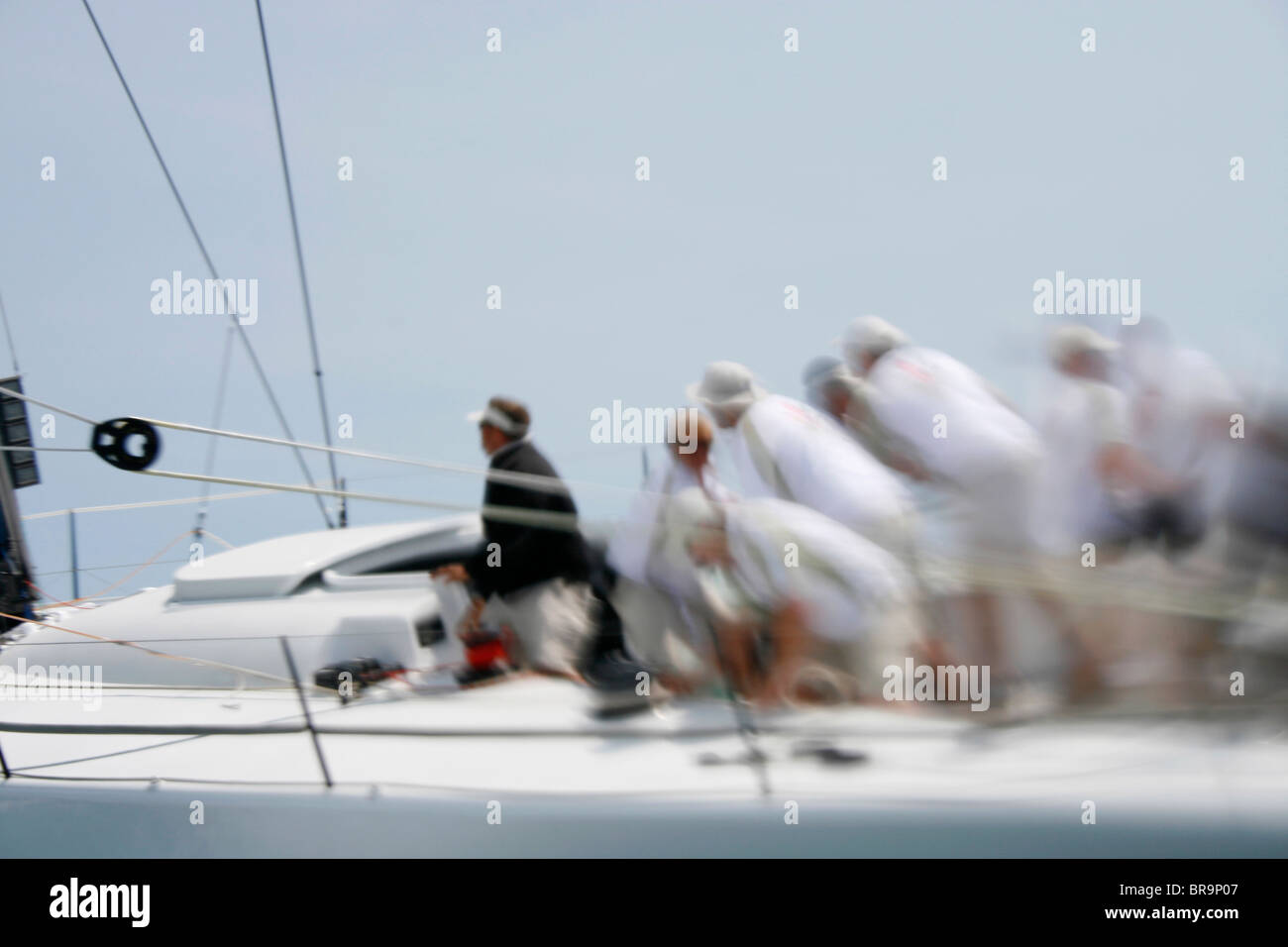 Crew training on racing sailing yacht. Stock Photo