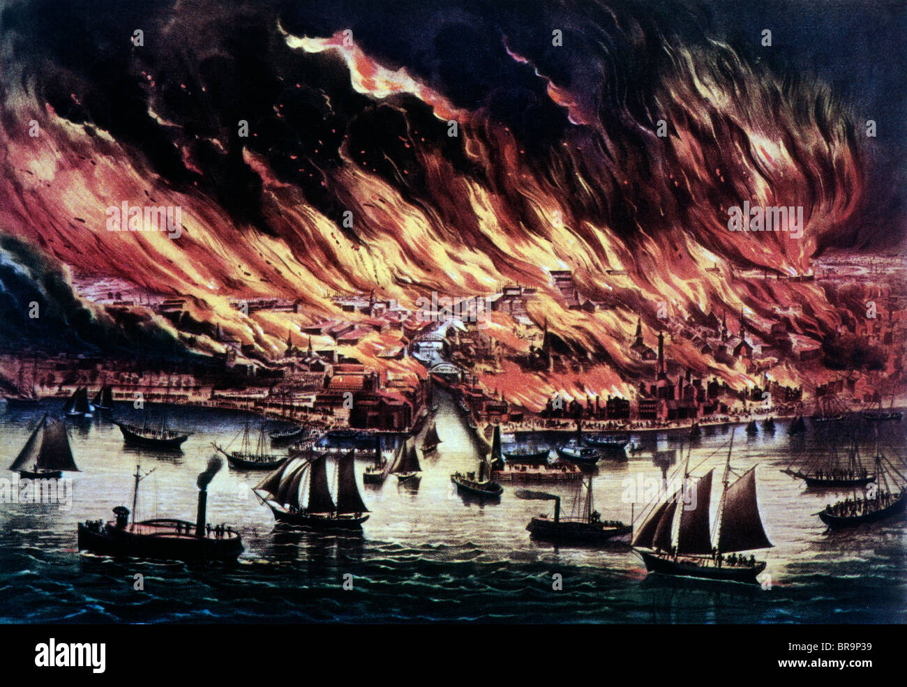 1800s LITHOGRAPH GREAT CHICAGO FIRE OCTOBER 8th 1871 WATERFRONT AT CHICAGO RIVER AND LAKE MICHIGAN Stock Photo